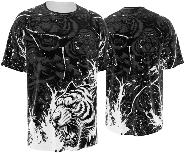 Camisa de interclasse Tigre 2026 preta e branca com tigres rugindo, frente e costas