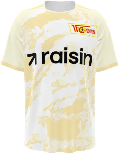 Camisa terceiro uniforme do Union Berlin 2026 - 2027 creme com manchas douradas, frente e costas