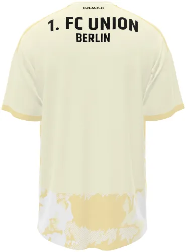 Camisa terceiro uniforme do Union Berlin 2026 - 2027 creme com manchas douradas, frente e costas