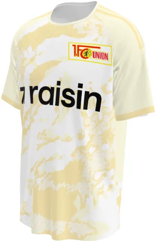 Camisa terceiro uniforme do Union Berlin 2026 - 2027 creme com manchas douradas, frente e costas
