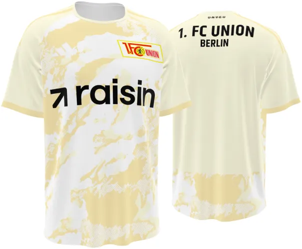 Camisa terceiro uniforme do Union Berlin 2026 - 2027 creme com manchas douradas, frente e costas
