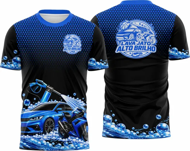 Camisa com logo no peito vibrante e estampa grande nas costas que destaca o tema Lava Car com estilo marcante, perfeita para quem busca design impactante e moderno em uniforme ou lazer.