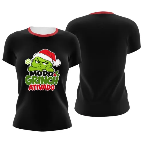 Camisa preta com gola vermelha, estampa natalina do Grinch de gorro e expressão divertida na frente, acompanhada da frase Modo Grinch Ativado, com costas lisas.