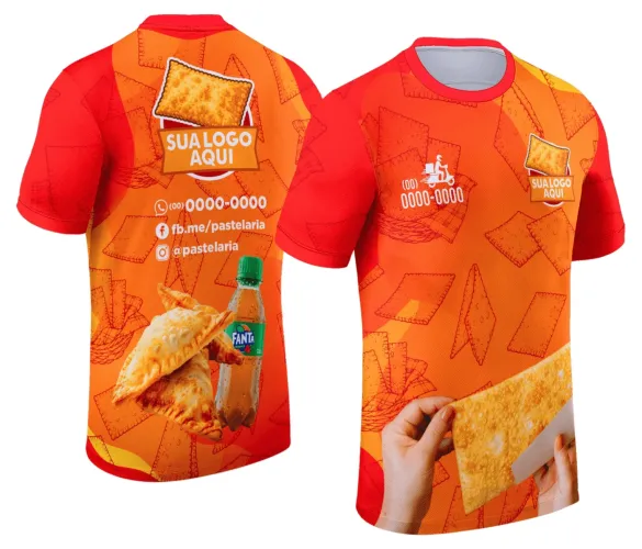 Camisa com logo no peito e estampa grande nas costas mostrando design inspirado na Casa do Pastel, perfeita para quem ama o sabor tradicional e estilo marcante no visual.