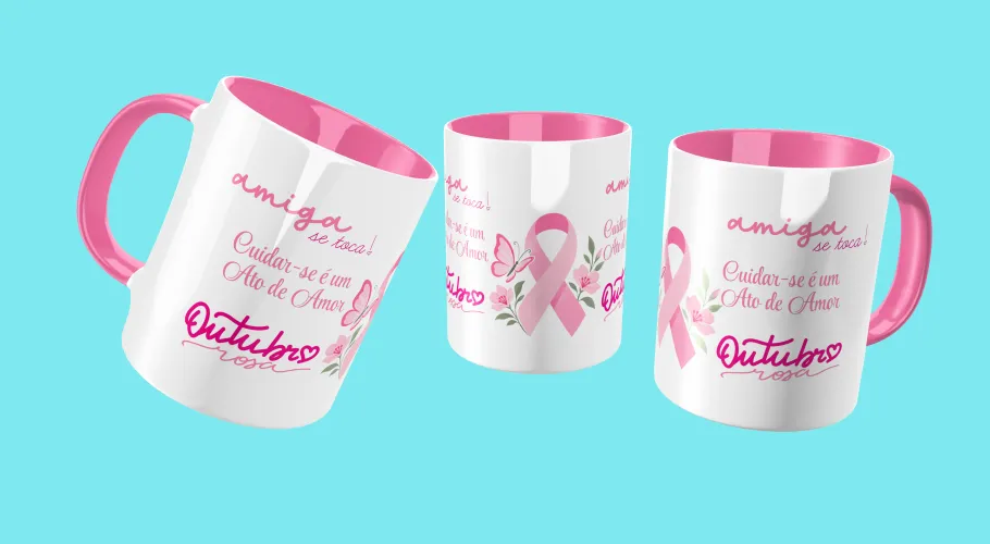 Caneca Outubro Rosa, transmitindo força e união pela conscientização do câncer de mama.