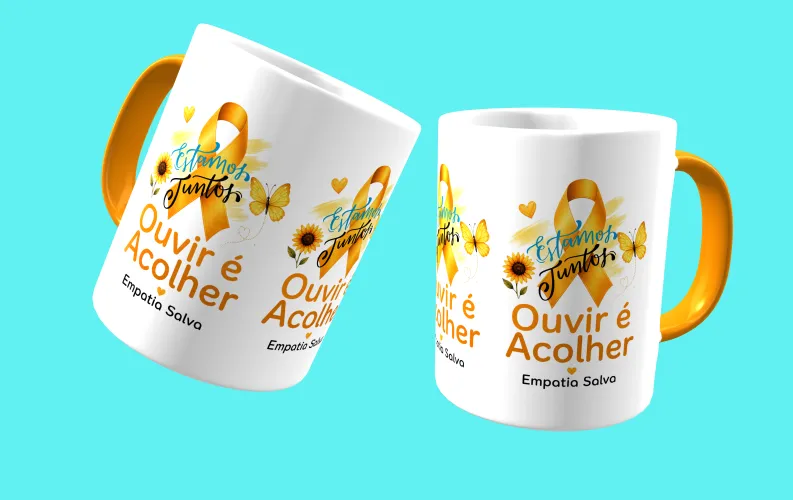 Caneca com visual moderno, ideal para destacar a mensagem de prevenção e apoio ao Setembro Amarelo.