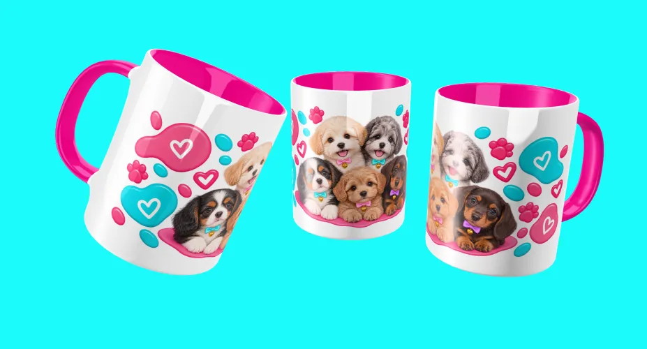 Arte para caneca com grupo de cachorrinhos fofos e patinhas coloridas
Arte para caneca com pug fofo em tema camping rosa
Arte para caneca com cachorrinho fofo em acampamento rosa
Arte para caneca com dálmata fofo em casinha entre nuvens e corações
Arte para caneca com cachorrinho fofo em camping verde