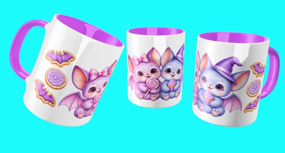 Mockup de canecas com dois morceguinhos fofos, pirulito, cupcake e biscoitos
Mockup de canecas com aranhinha lilás fofa em teia com corações
Mockup de canecas com morceguinho fofo, doces, pirulitos e lua
Mockup de canecas com dragão bruxinho fofo, caldeirão e poções
Mockup de canecas com gatinha bruxinha fofa, caldeirão e doces
Mockup de canecas com morceguinho fofo abraçando almofada entre doces e lua
Mockup de canecas com fantasminha confeiteiro, bolo e carrinho de doces