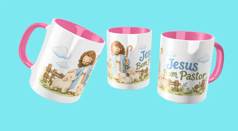 Pack com 8 artes Jesus Bom Pastor para canecas em PNG, alta resolução e fundo transparente. Ideal para sublimação e personalização.