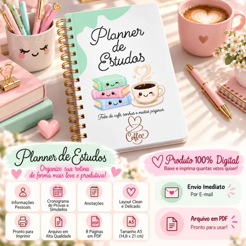 Planner de Estudos A5 em PDF com 8 páginas para organizar estudos