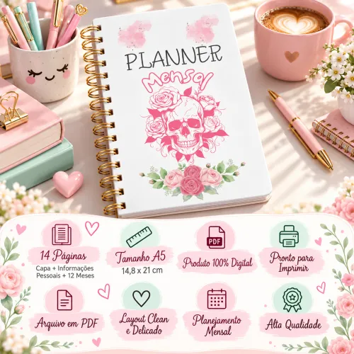 Planner Mensal A5 Caveira e Rosas