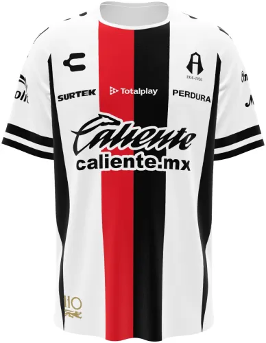 Camisa visitante do Atlas FC 2026 - 2027 branca com faixa central preta e vermelha, frente e costas