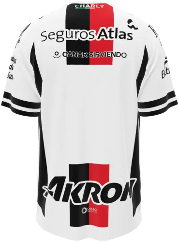 Camisa visitante do Atlas FC 2026 - 2027 branca com faixa central preta e vermelha, frente e costas