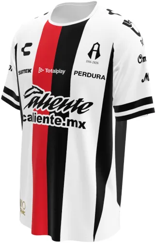 Camisa visitante do Atlas FC 2026 - 2027 branca com faixa central preta e vermelha, frente e costas