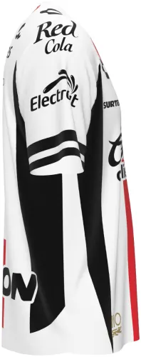 Camisa visitante do Atlas FC 2026 - 2027 branca com faixa central preta e vermelha, frente e costas