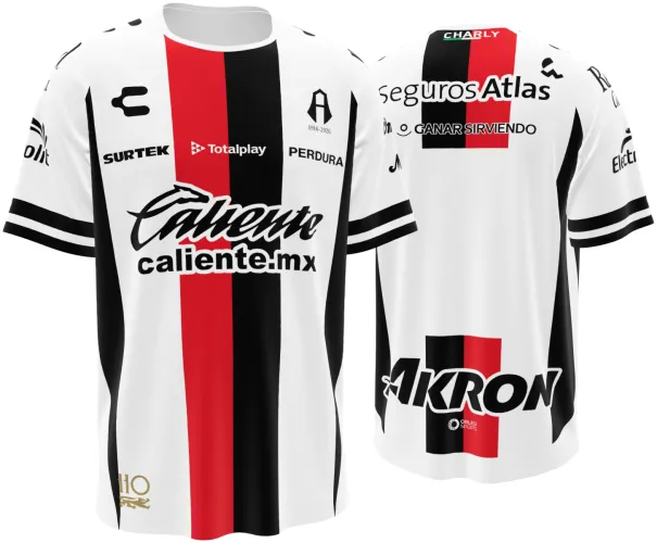 Camisa visitante do Atlas FC 2026 - 2027 branca com faixa central preta e vermelha, frente e costas