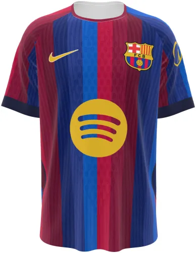 Camisa titular do Barcelona 2026 - 2027 listrada de grená e azul, frente e costas