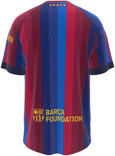 Camisa titular do Barcelona 2026 - 2027 listrada de grená e azul, frente e costas