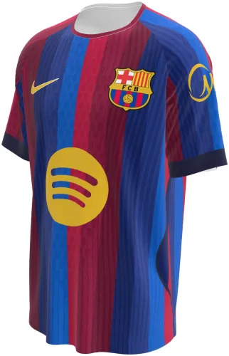 Camisa titular do Barcelona 2026 - 2027 listrada de grená e azul, frente e costas