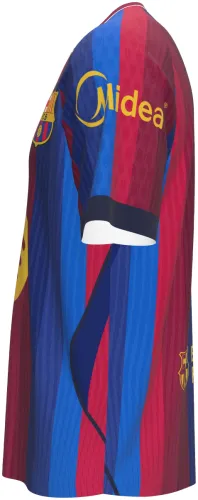 Camisa titular do Barcelona 2026 - 2027 listrada de grená e azul, frente e costas