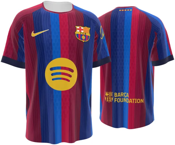 Camisa titular do Barcelona 2026 - 2027 listrada de grená e azul, frente e costas