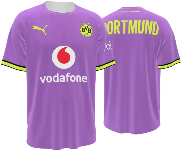 Camisa terceiro uniforme do Borussia Dortmund 2026 - 2027 roxa com punho amarelo, frente e costas