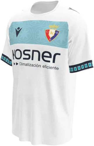 Camisa visitante do CA Osasuna 2026 - 2027 branca com faixa azul de rosetas, frente e costas