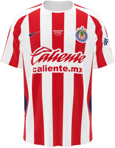 Camisa titular do Chivas 2026 - 2027 listrada de vermelho e branco, frente e costas