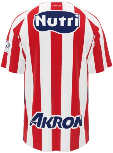 Camisa titular do Chivas 2026 - 2027 listrada de vermelho e branco, frente e costas