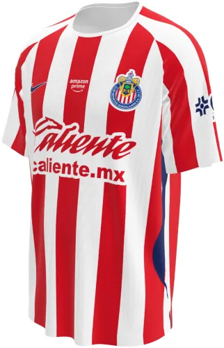 Camisa titular do Chivas 2026 - 2027 listrada de vermelho e branco, frente e costas