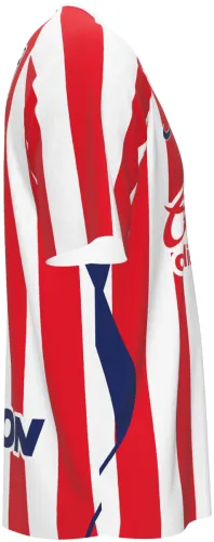 Camisa titular do Chivas 2026 - 2027 listrada de vermelho e branco, frente e costas