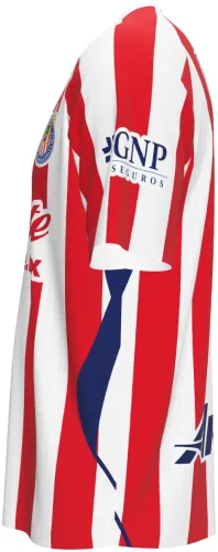 Camisa titular do Chivas 2026 - 2027 listrada de vermelho e branco, frente e costas