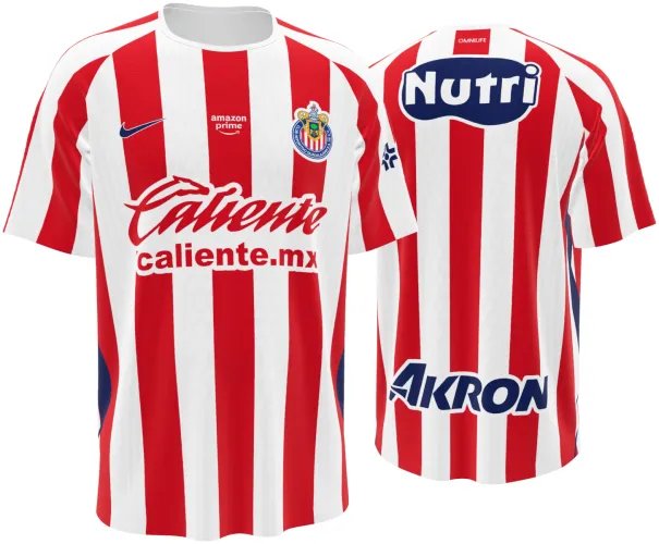 Camisa titular do Chivas 2026 - 2027 listrada de vermelho e branco, frente e costas