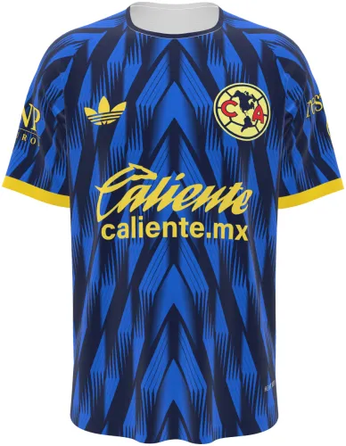 Camisa conceito do Club América 2026 azul com setas e detalhes amarelos, frente e costas