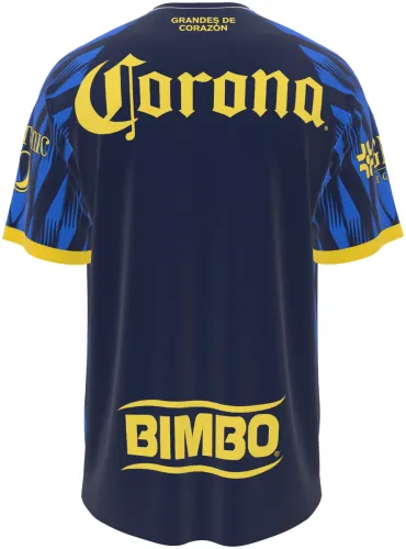 Camisa conceito do Club América 2026 azul com setas e detalhes amarelos, frente e costas