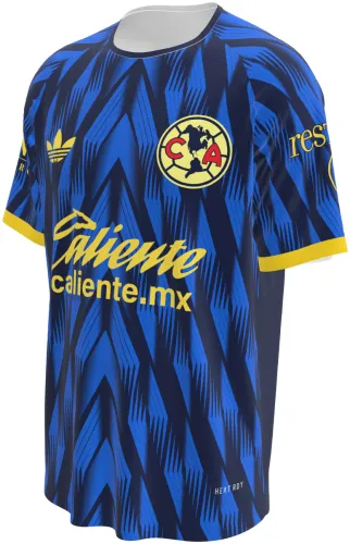Camisa conceito do Club América 2026 azul com setas e detalhes amarelos, frente e costas