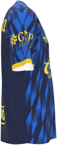 Camisa conceito do Club América 2026 azul com setas e detalhes amarelos, frente e costas