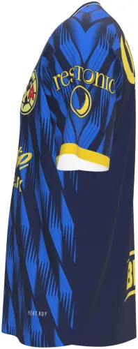Camisa conceito do Club América 2026 azul com setas e detalhes amarelos, frente e costas