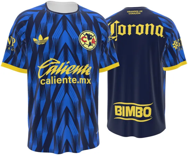 Camisa conceito do Club América 2026 azul com setas e detalhes amarelos, frente e costas
