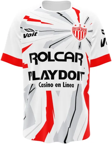 Camisa de treino do Club Necaxa 2026 - 2027 branca com estilhaços vermelhos, frente e costas