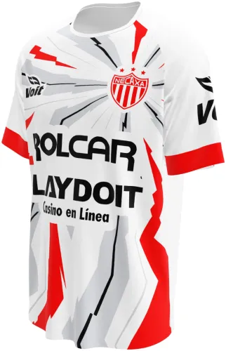 Camisa de treino do Club Necaxa 2026 - 2027 branca com estilhaços vermelhos, frente e costas