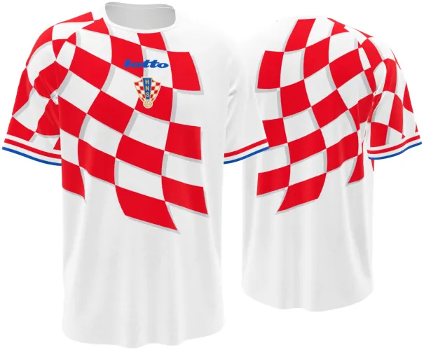 Camisa retrô da Croácia 1998 com xadrez vermelho e branco ondulado, frente e costas