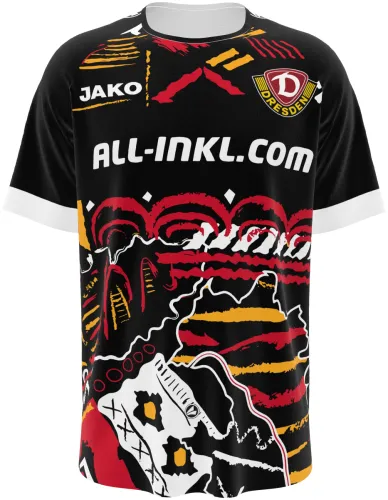 Camisa de goleiro do Dynamo Dresden 2026 - 2027 preta com grafismo vermelho e amarelo, frente e costas