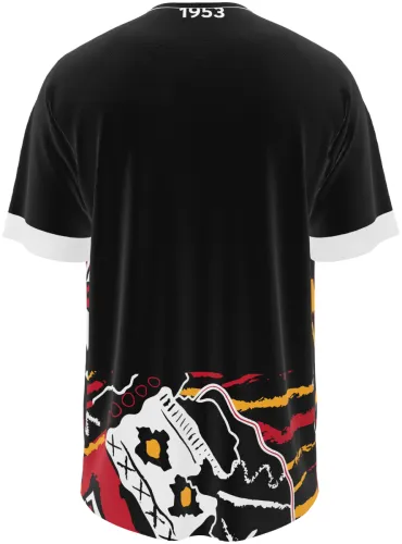 Camisa de goleiro do Dynamo Dresden 2026 - 2027 preta com grafismo vermelho e amarelo, frente e costas