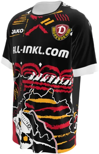 Camisa de goleiro do Dynamo Dresden 2026 - 2027 preta com grafismo vermelho e amarelo, frente e costas