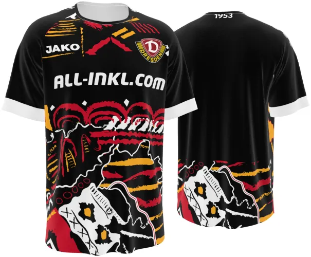 Camisa de goleiro do Dynamo Dresden 2026 - 2027 preta com grafismo vermelho e amarelo, frente e costas