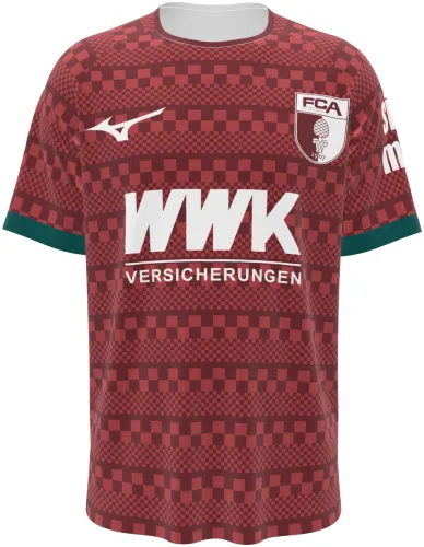 Camisa terceiro uniforme do FC Augsburg 2026 - 2027 vermelha com xadrez tom sobre tom, frente e costas