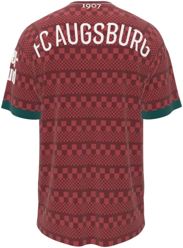 Camisa terceiro uniforme do FC Augsburg 2026 - 2027 vermelha com xadrez tom sobre tom, frente e costas