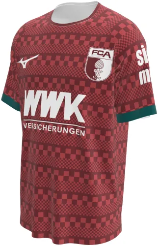 Camisa terceiro uniforme do FC Augsburg 2026 - 2027 vermelha com xadrez tom sobre tom, frente e costas