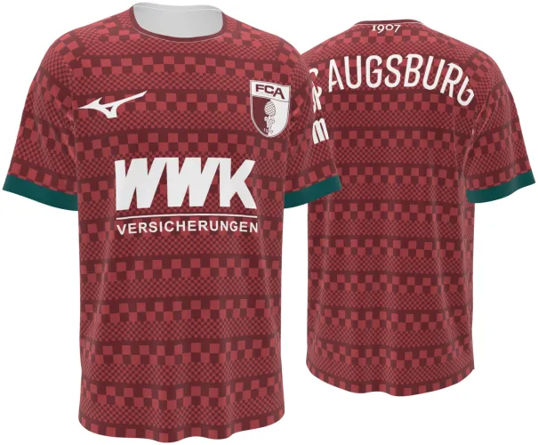 Camisa terceiro uniforme do FC Augsburg 2026 - 2027 vermelha com xadrez tom sobre tom, frente e costas